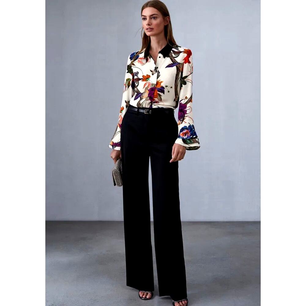 REISS Lupa Blouse US 6 Floral Botanical Print 100% Viscose Black Collar - Picture 6 of 12
